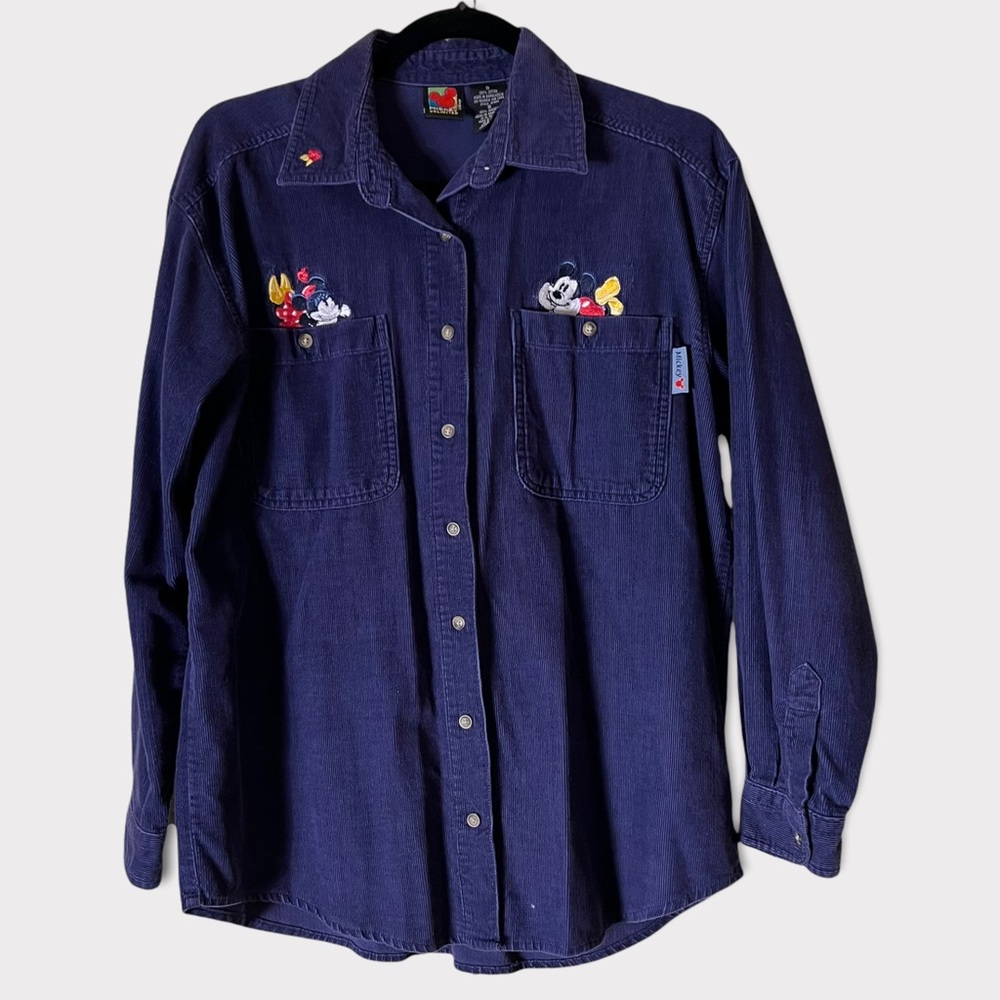 Vintage Mickey Mouse Minnie Blue Corduroy Embroidered Button Down Blouse S Small